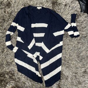 Ann Taylor LOFT Navy Cream Striped Drape Open Front Long Sleeve Cardigan Sz Med
